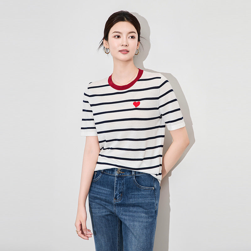 Summer Women's Knitted T-shirt Sweater Love Embroidery Striped Loose Fashion Casual Tees Tops Short Sleeve