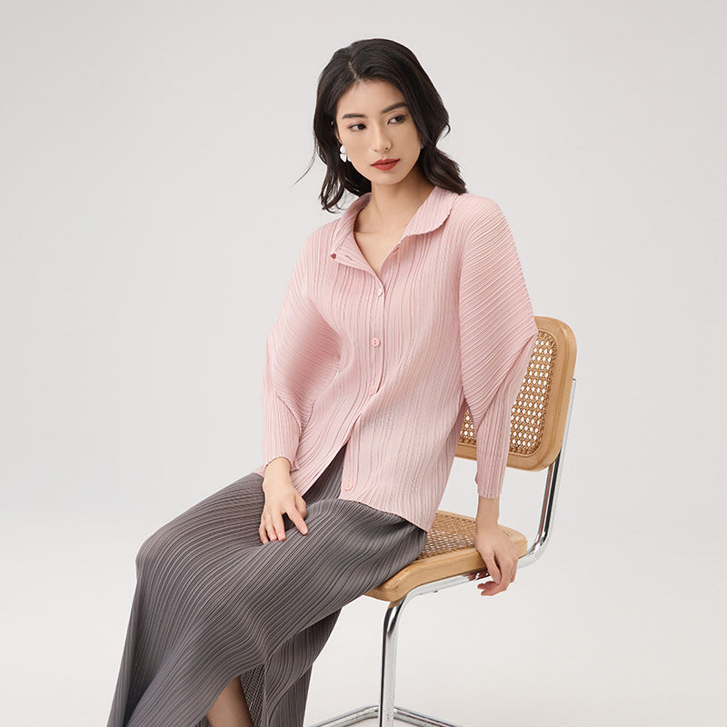 Single Breasted Pleated Shirts Women Stand Collar Long Sleeves Thin Fabric Female Chic Top Clothing
