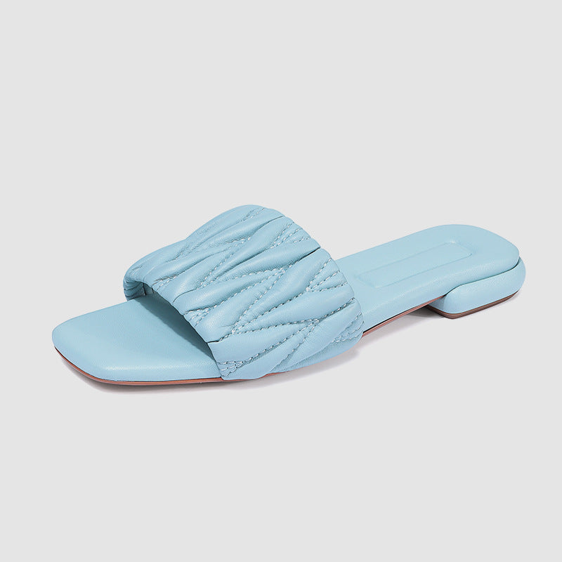 Fashion Solid Genuine Leather Open Toe Slippers Comfortable Non-slip Women's Low Heel Sandals