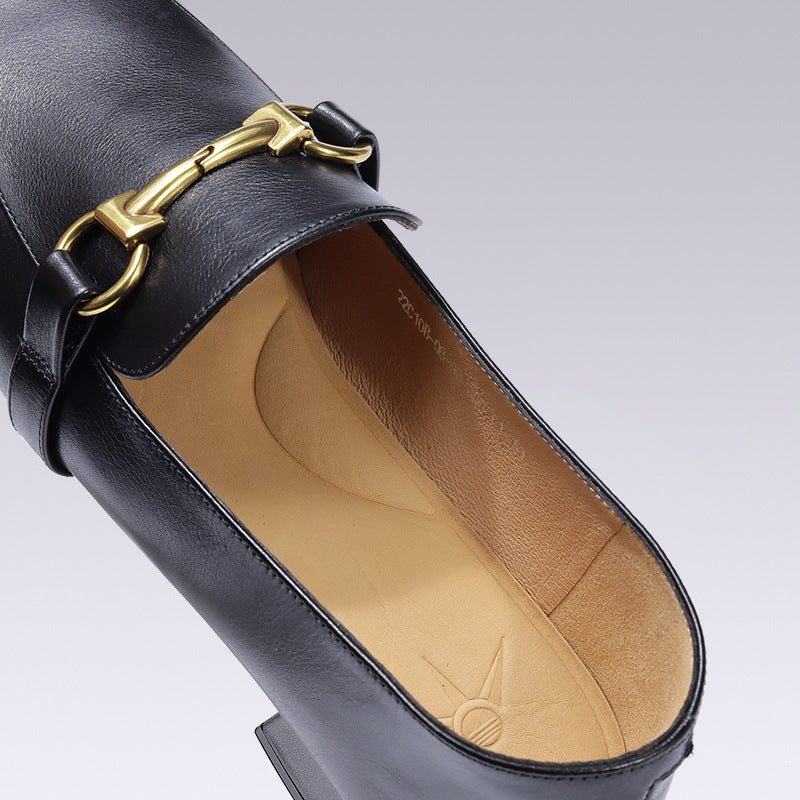 Large Size Loafers Black Classic Loafers Horsebit Decorated Round Toe Thick Heel Shoes
