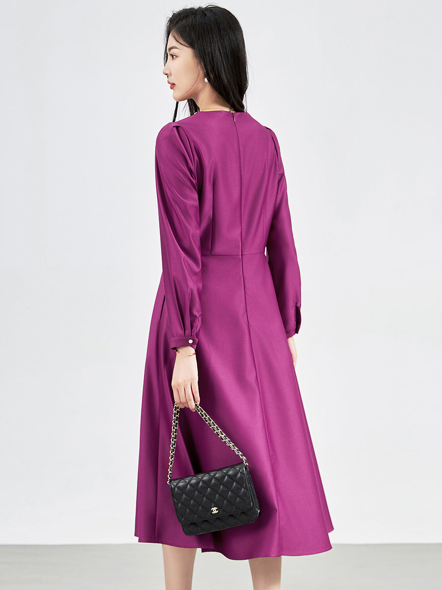Elegant Women's Casual Waist-Fitted Slimming Dress Deep-Layered Pleated Design Slim Fit Commuter Dress For Spring