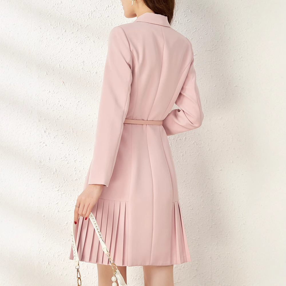 Womens French Belted Waist Double-Breasted Short Suit Skirt elegant Worsted Twill Material Lapel Gilded Button Pleated Hem Dress