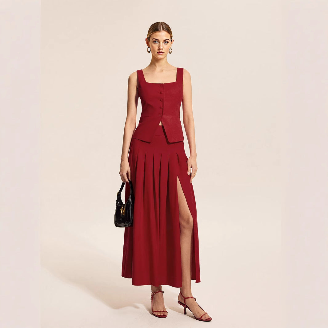 Chic Square Neck Single Breasted Top Skirt Set Women Elegant Sleeveless Vest Pleated Shirt Skirts Suit Lady Summer 2 Piece Sets
