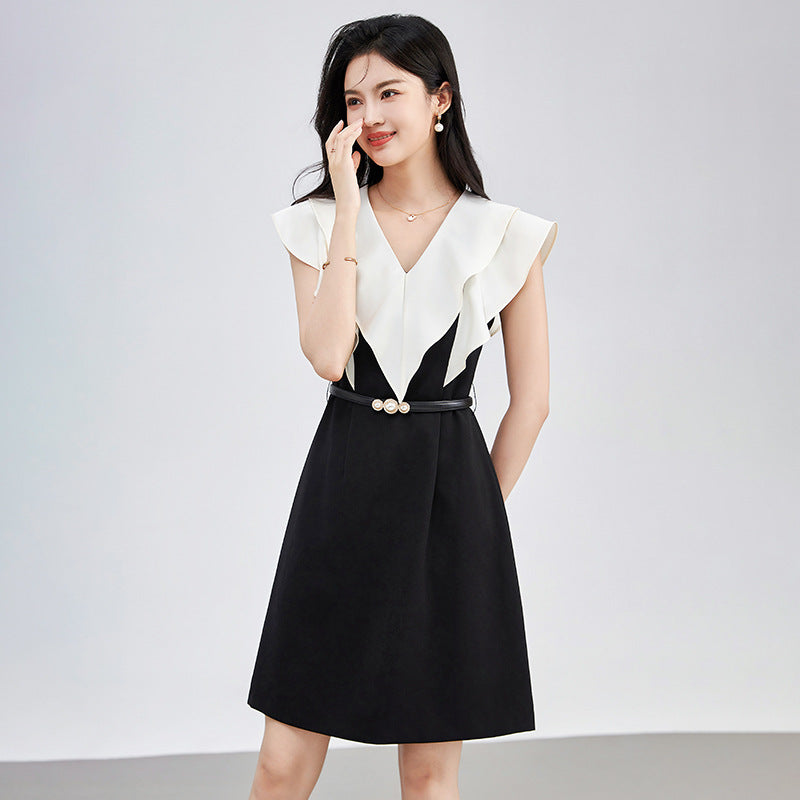 Elegant V-neck A- line Work Dress Women's Summer Slimming Tea Break French Style Commute Skirt Short Sleeve Ankle-length