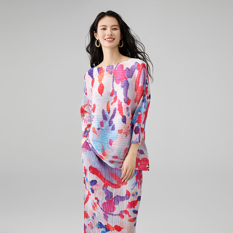 Summer Advanced Sense Wear Printed Slash Neck Loose T-shirt Temperament All Matching Skirt