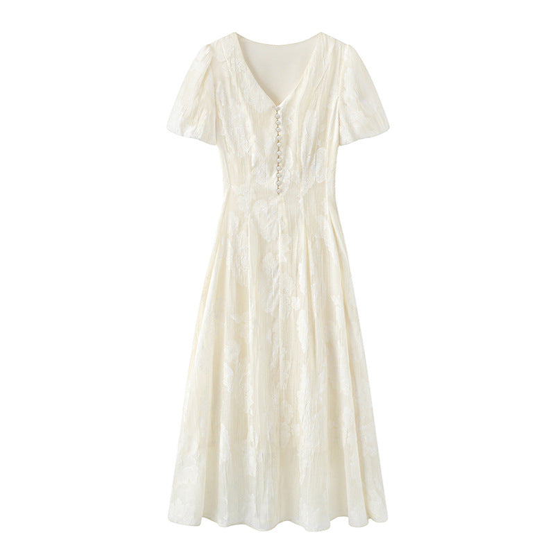 Elegant Collection Lace V Neck Maxi Dresses Summer Pearl Placket Ladies Clothing