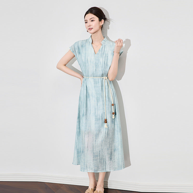 Pleated V Neck Dress Women New Waistband Design Elastic Loose Elegant Women Fashion Dress