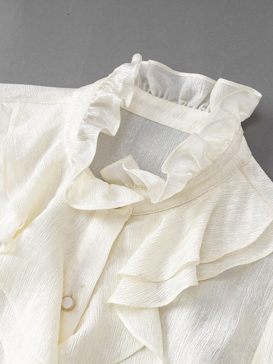 Ruffled Collar Lace-up Bow Shirts For Women 2025 Autumn Chiffon New Flared Long Sleeve Top Womans Clothing