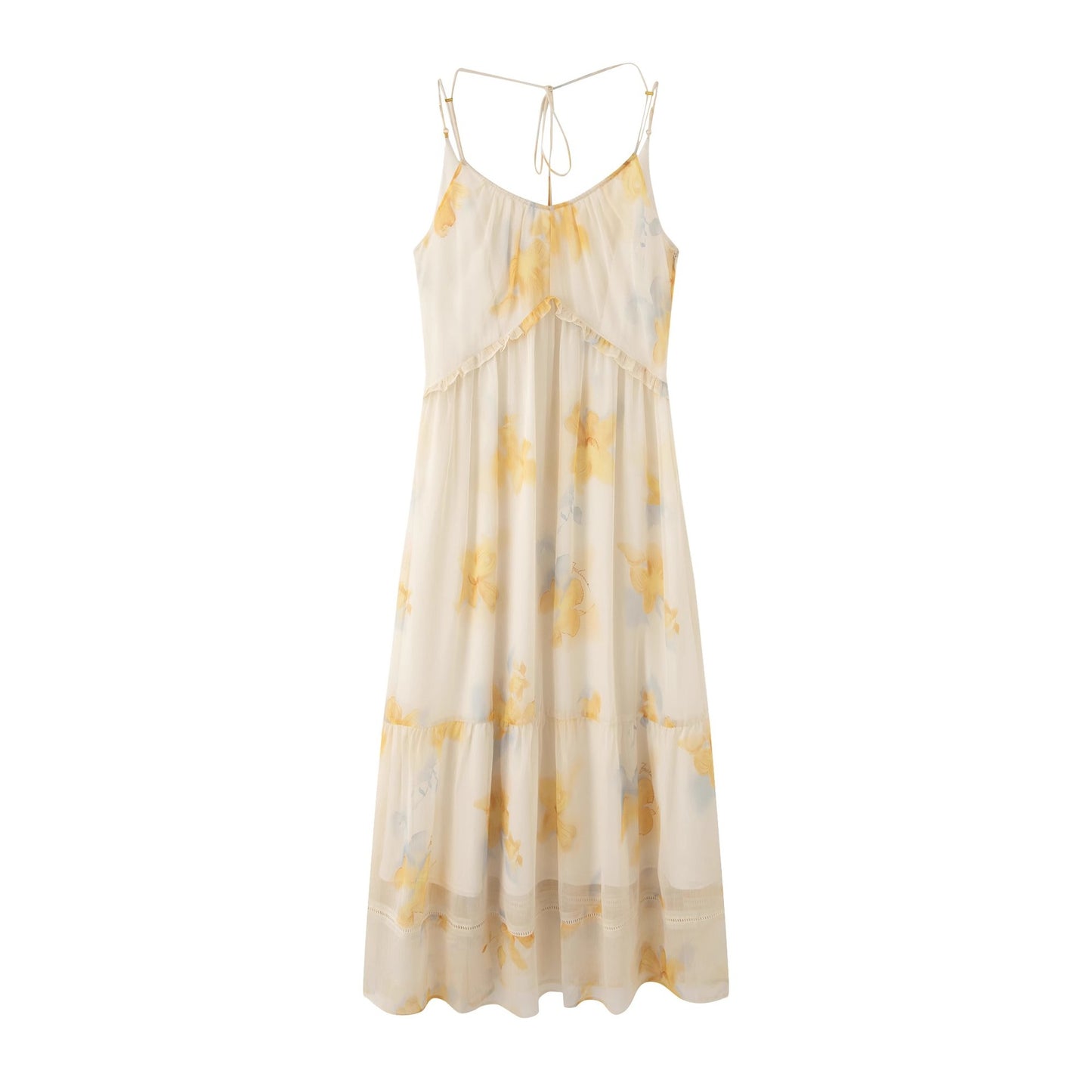 Yellow Print V Neck Sling Maxi Dress Women Sleeveless Backless High Waist Pleated Long Dresses