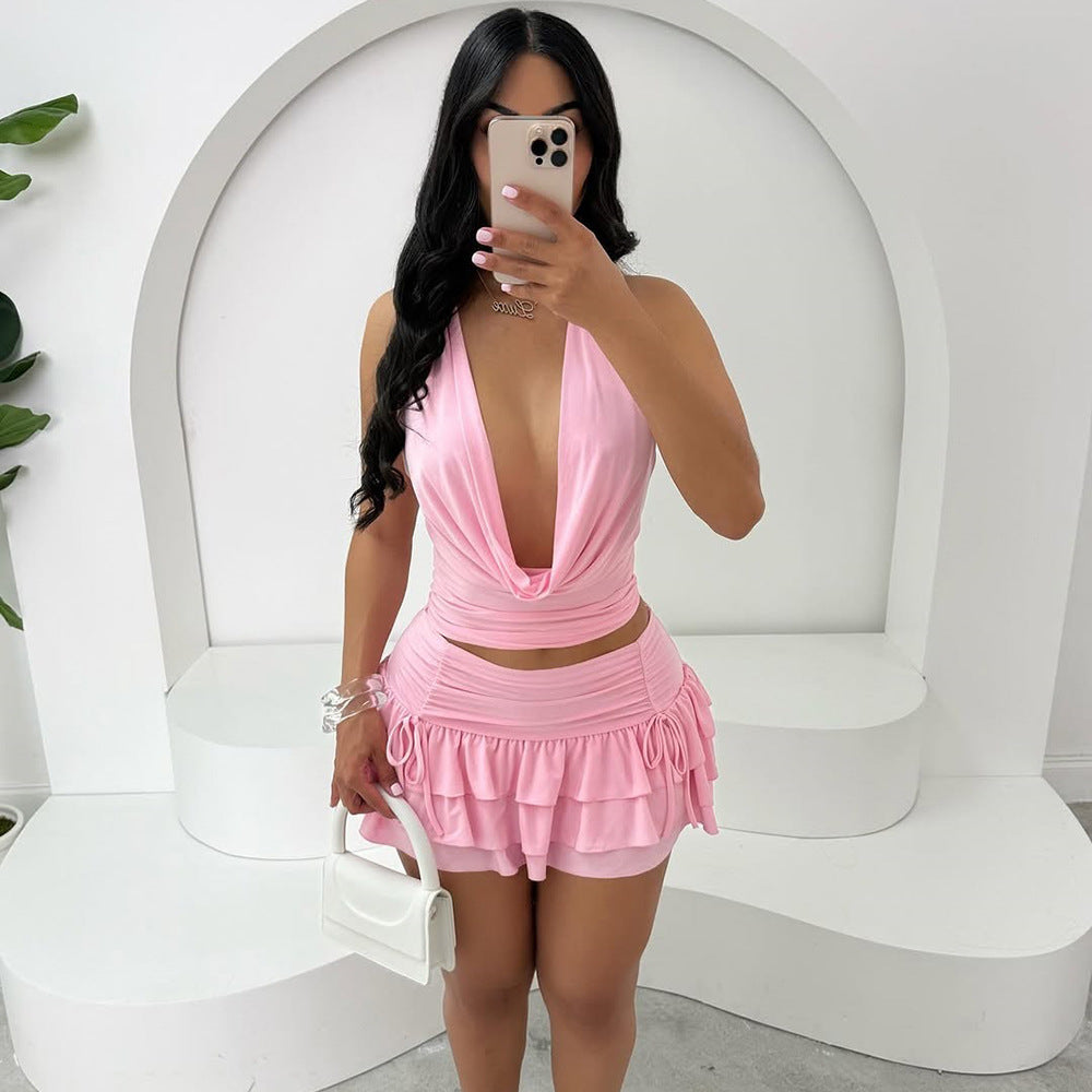 Women's Set Pile Collar 2 Piece Set V-neck Tops + Ruffles Mini Skirts Suits 2025 Summer Boho Vacation Beach Party Suits