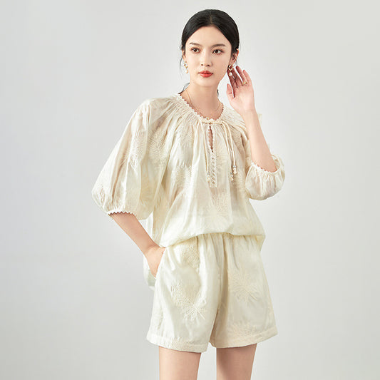 100% Silk Women's Blouse O Neck Half Sleeves Printed Elegant Fashion Casual Summer Blouses