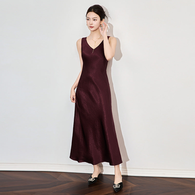High-Grade Pendant Waist Slimming Crepe Acetate Satin French Style Temperament Vest Dress