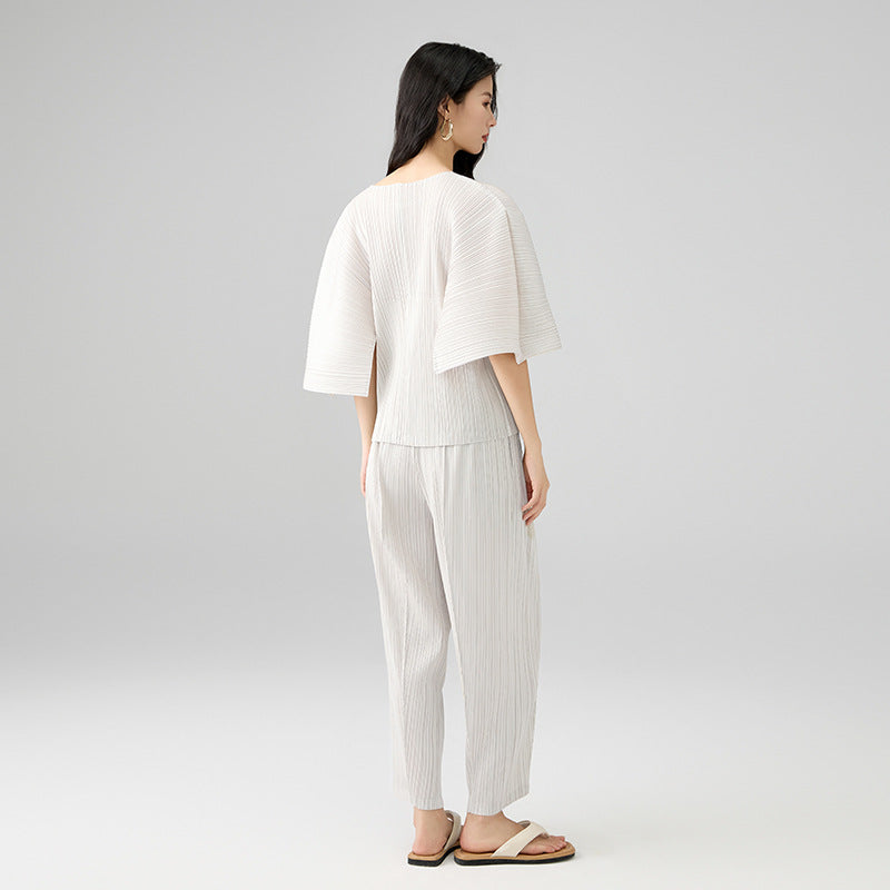 Pleated Deisng Two Pieces Set Women's Round Collar Profile Half Sleeve Zipper Tops And Folded spliced Pants Sets