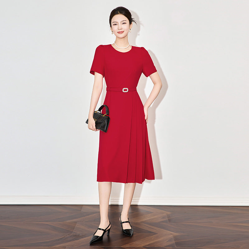 Slimming Effect Waist-Cinching Draped Commute Ready Elegant New Women's Dress Knee-Length round Neck Short Sleeve Dress