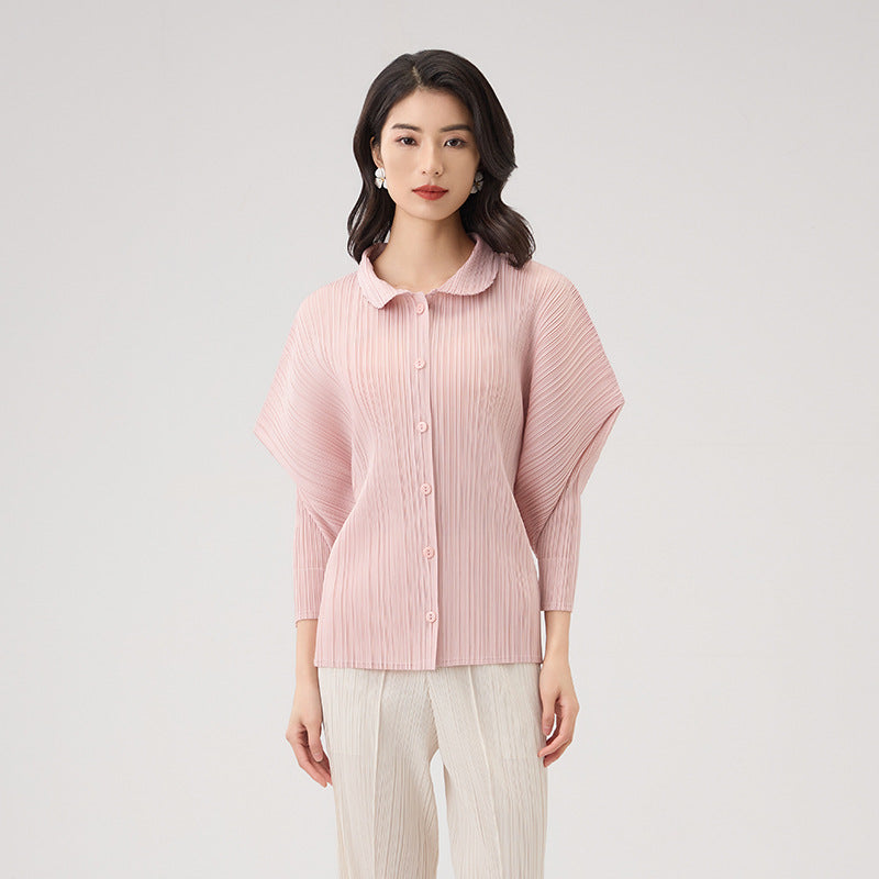 Single Breasted Pleated Shirts Women Stand Collar Long Sleeves Thin Fabric Female Chic Top Clothing