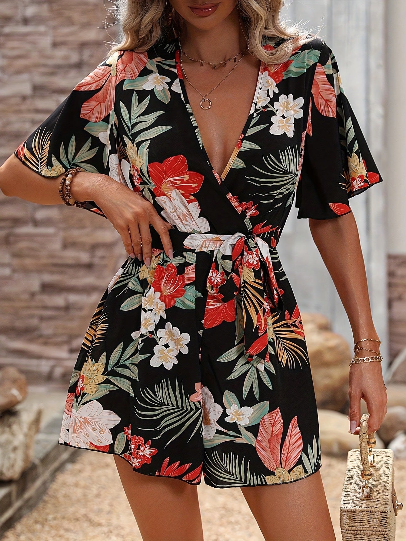 Printed V-neck Short Sleeve Jumpsuit Women Loose High Waisted Jumpsuit Beach Vacation Comfortable Summer Clothes