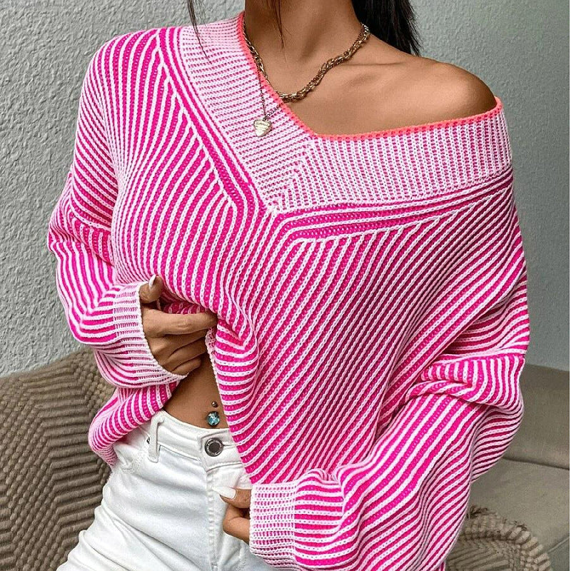 Women Sweaters Striped Knit Long Sleeved V Neck Pullovers Solid Patchwork Loose Jumpers Casual Elegant Lady Streetwear