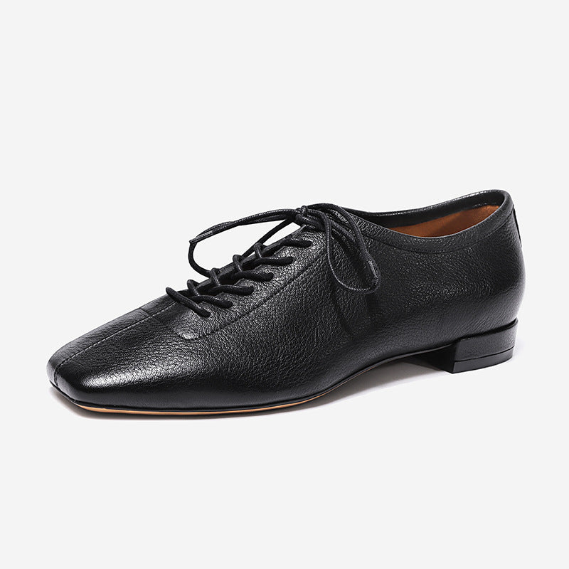 Genuine Leather Lace-up Women Heels Shoes Square Toe Comfortable Fashion Casual Low Heel Shoes Four Seasons Shoes