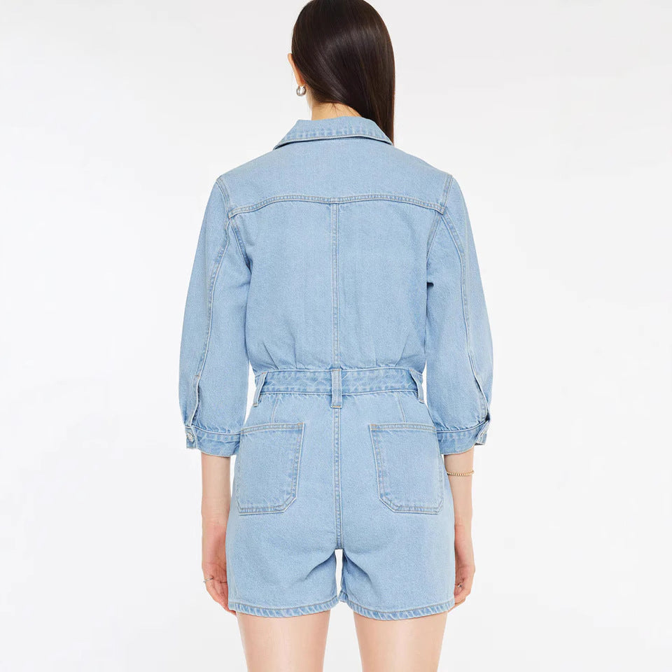 Woman Jeans Jumpsuit Long Sleeves High Waist Denim Bodysuit Notched Fashion Playsuit Jumpsuits