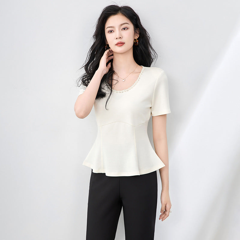 Summer Fashionable and Unique Heavy Industry Nail Bead Round Neck Waist Short Sleeve Women's Top