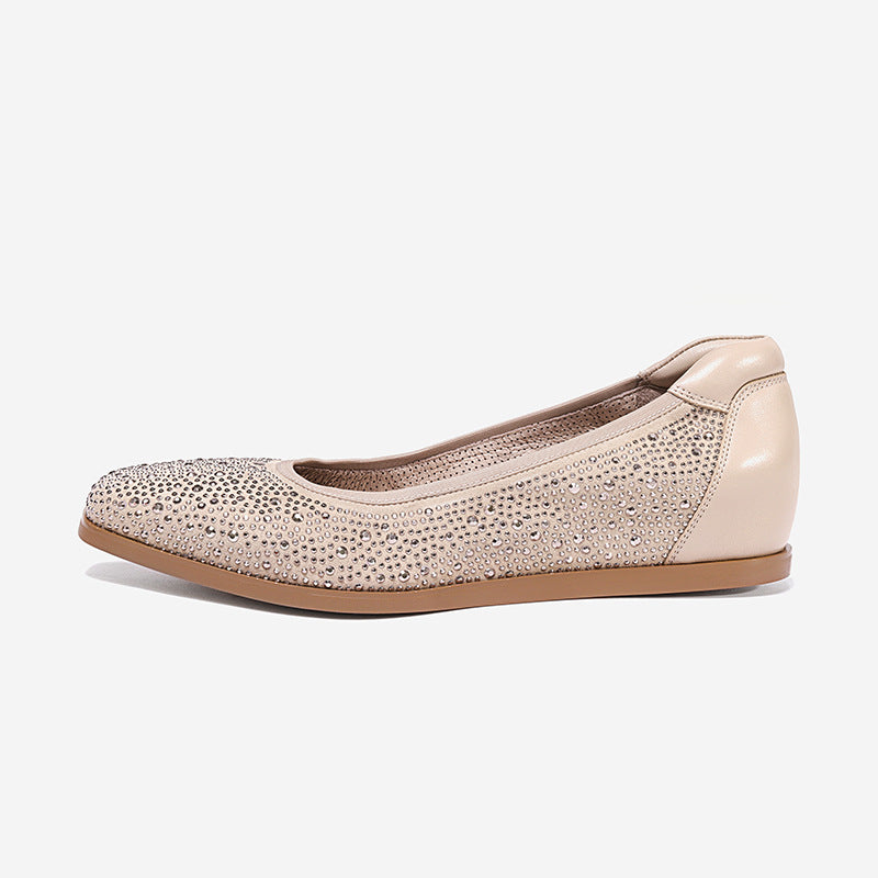 New Women's Shoes in Apricot Color with Bright Starry Mesh Fabric Ballet Flat Shoes Round Toe Shallow Mouth Single Shoes