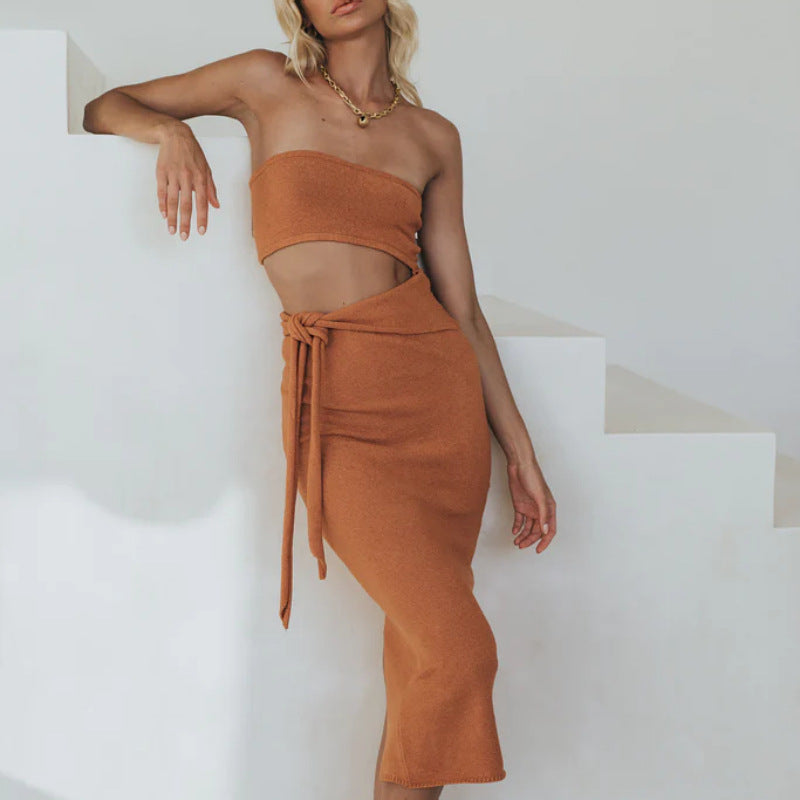 Summer Fashion Chic Women's Clothing Pure Color Slim Fit Lace Back Camisole Belt Knitted Dress