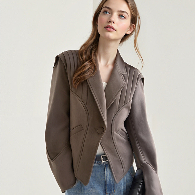 Elegant Brown Woolen Short Overcoats Women Fashion Lapel Full Sleeves Blazer Jacket with Shoulder Pads Autumn Lady Outwears