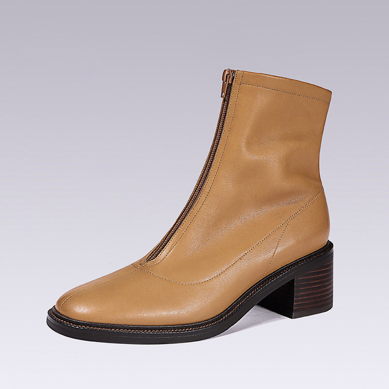 Women Boots Genuine Leather Shoes for Women Pointed Toe Chunky Heel Boots Western Boots Cowboy Boots