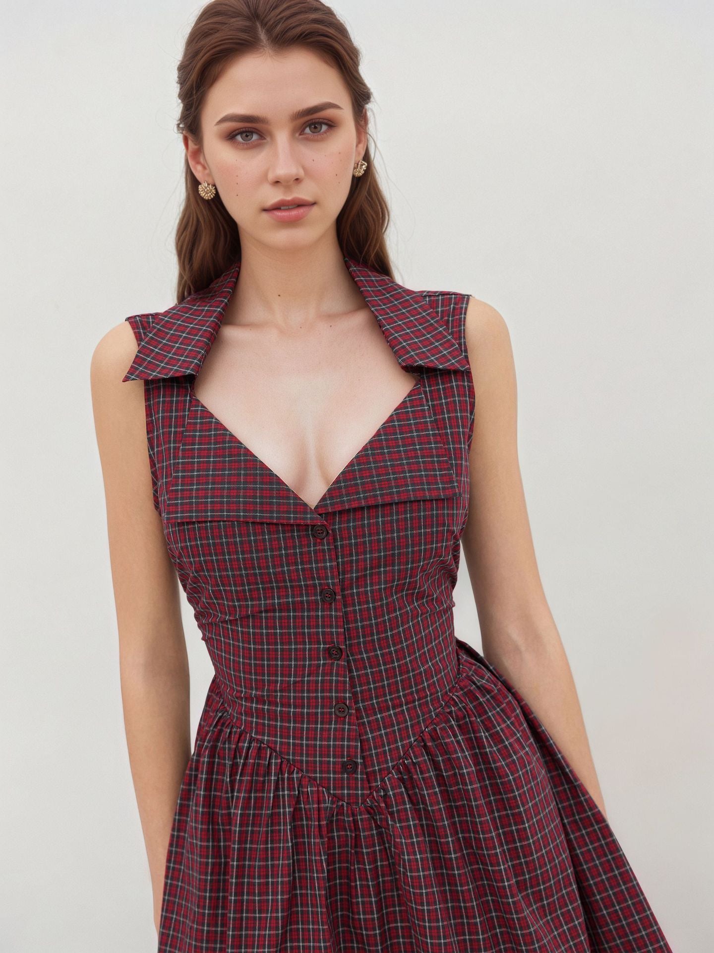 Check Slimming Dresses for Women Lapel Sleeveless High Waist Temperament Mini Dress