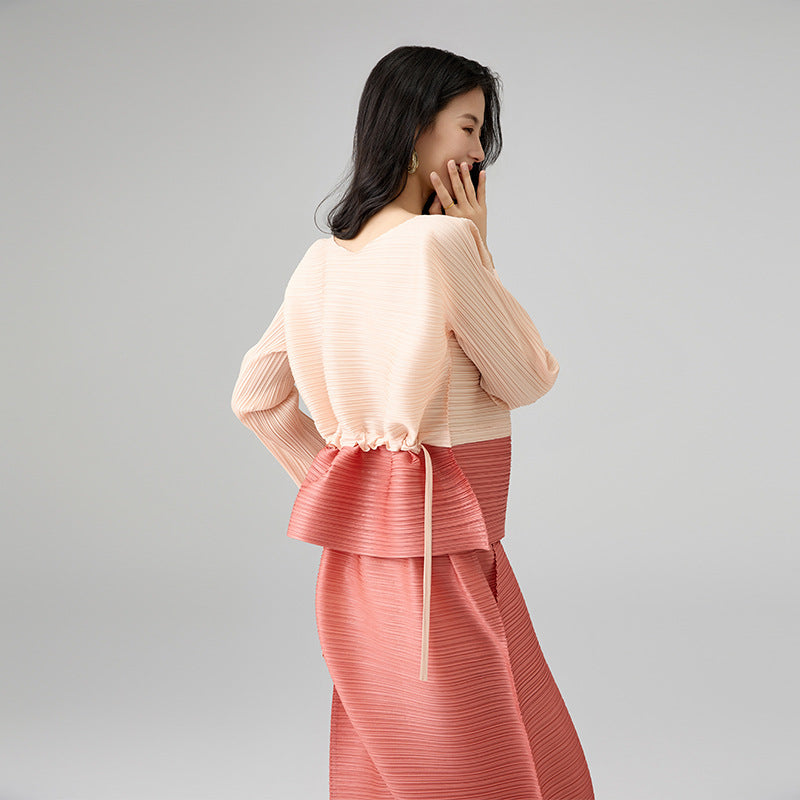 Spring New Fashion Color Clash Set Round Neck Top Loose Harlequin Pants Set