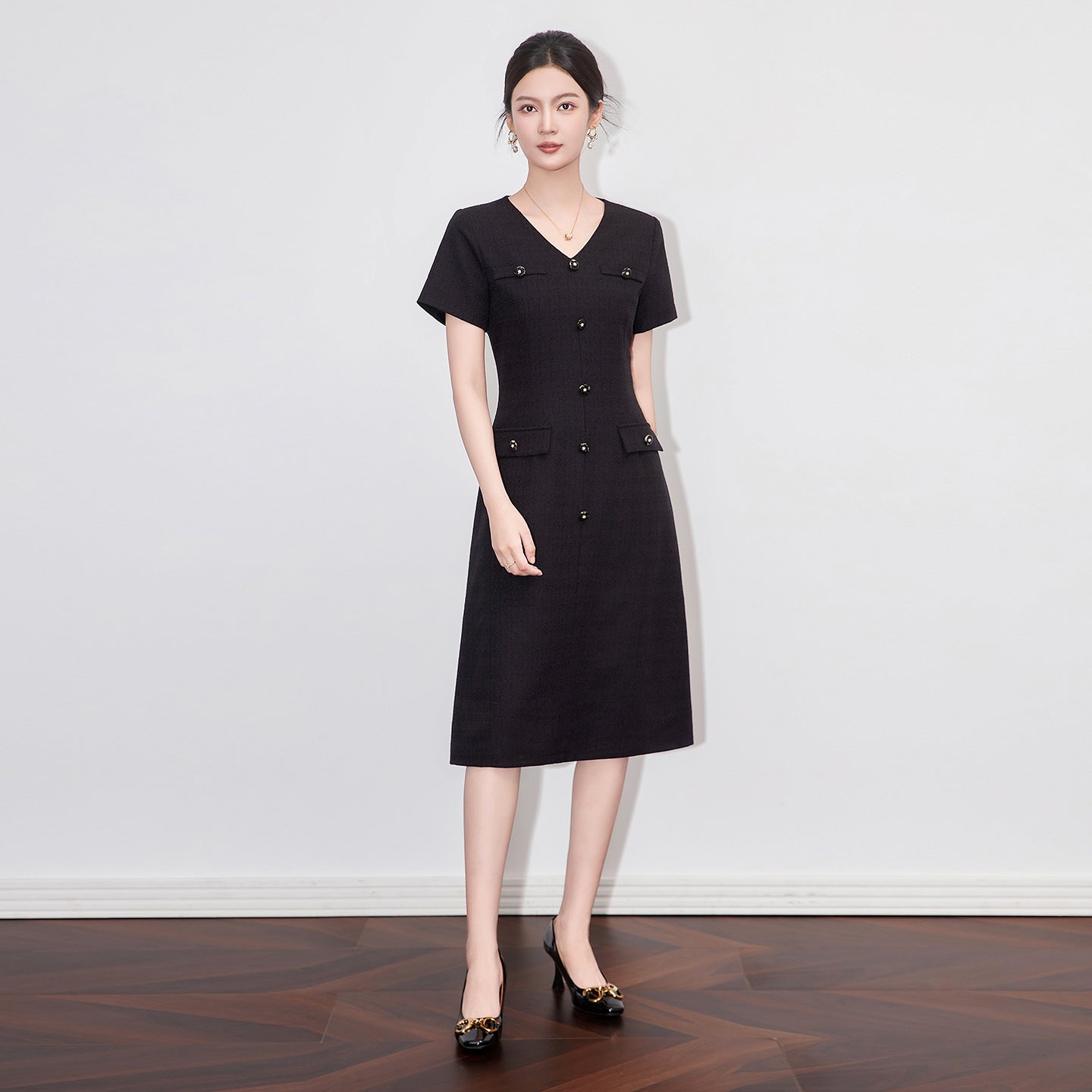 Small Fragrance Style Dress For Women V-neck Short Sleeve Solid Color Patchwork Slimming Female Dresses