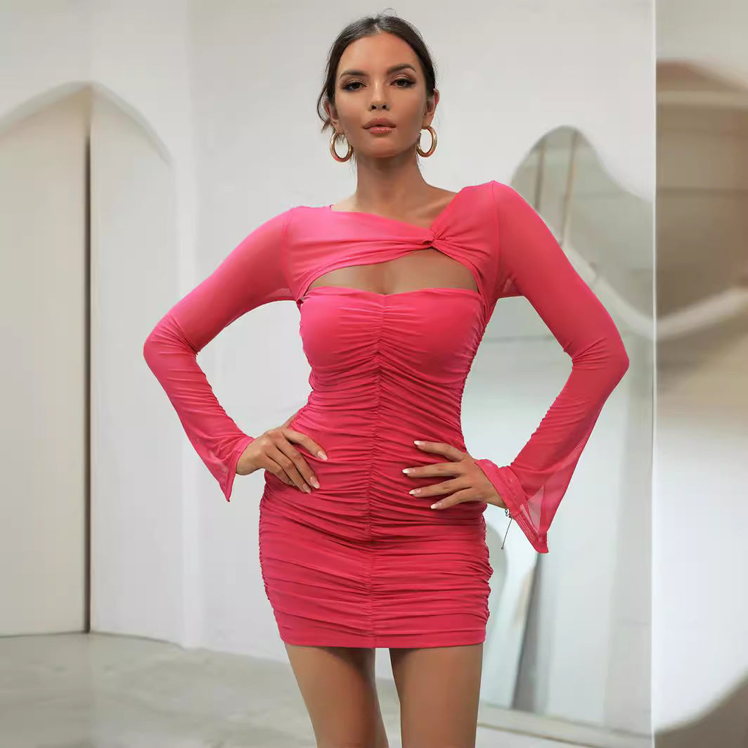 Summer Sexy Hot Girl Dress High Waist Pleated Rose Red Short Skirt Solid Gauze High Street Dress Mesh Sheer Hollow Party Dresses
