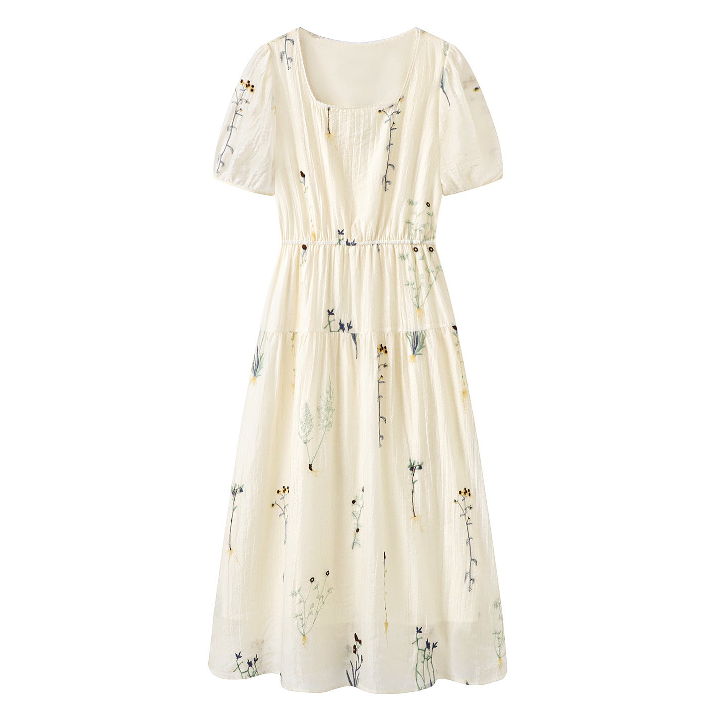 New Women's Dress Floral Embroidery Neckline Lace-up Waist Slimming Bubble Sleeve Female Dresses