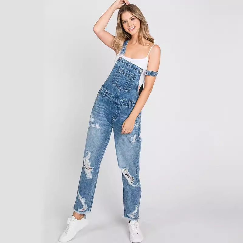 Denim Jumpsuit Vintage Blue High Waist Skinny Overalls For Women Loose Strap Straight Jumpsuit With Pockets