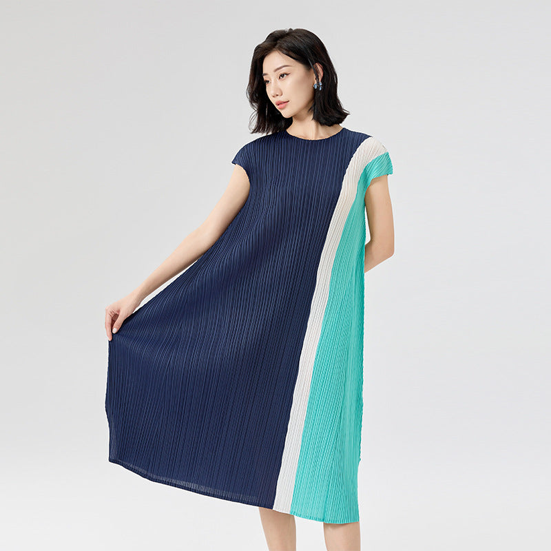 Summer New French Three-color Splicing Pleated Loose Temperament Irregular Split Dresses