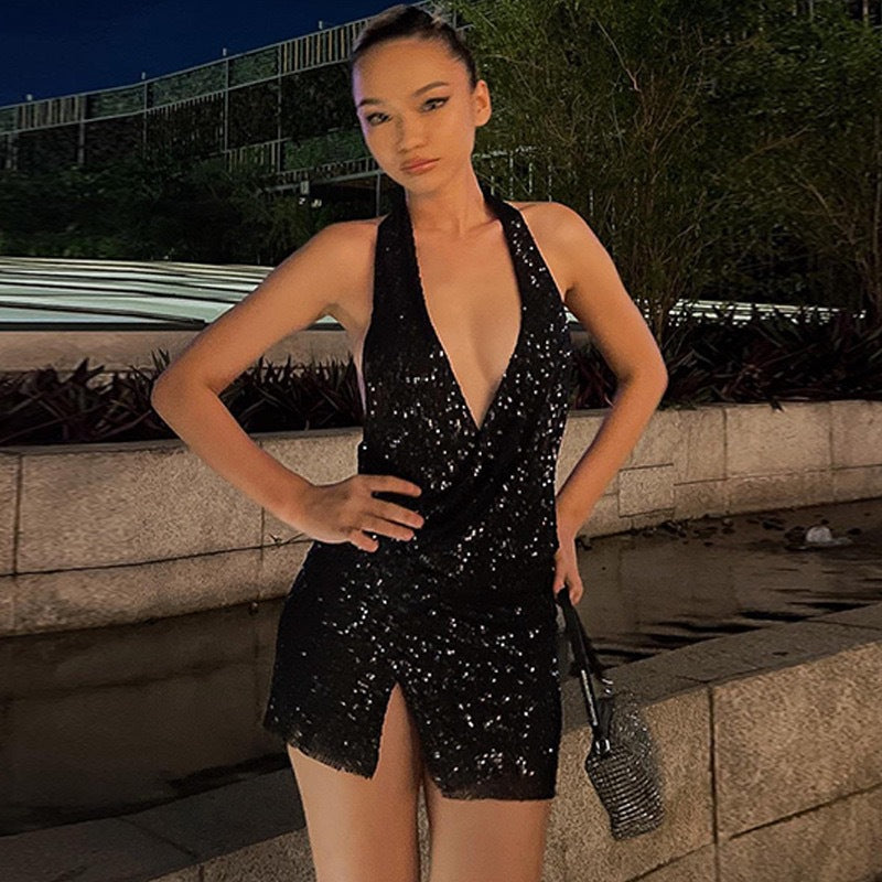Sexy Sparkling Sequins Deep V Slim Bodycon Mini Dress Women Sleeveless Backless Skinny Dress Evening Club Party Vestidos