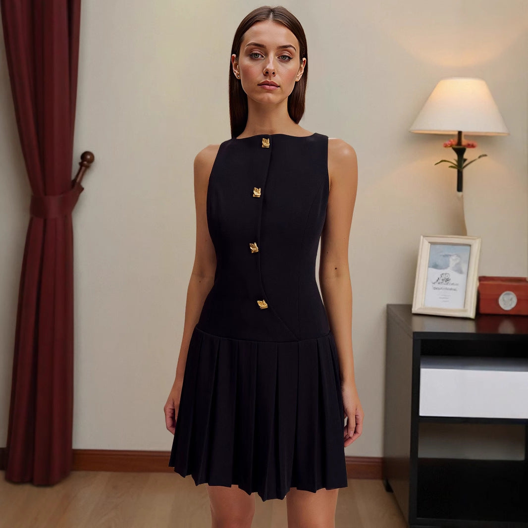 Summer Sleeveless Dress Women Slim High Waist Fashion Ruffle Pleated Patchwork Ladies Dresses Elegant Woman Mini A-Line Dress