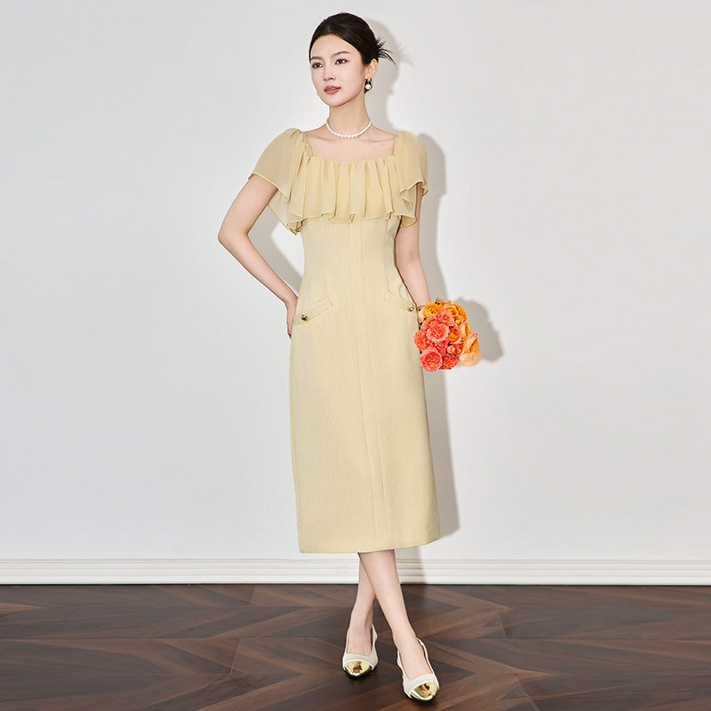 Elegant Socialite Temperament Ruffle Dress High-end Waist Slimming Dress Women Spring