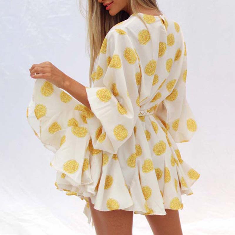 Summer Polka Dot Puff Long Sleeve A-line Dress Elegant O Neck High Waist Lace-up Dress Fashion Temperament Ruffles Short Dresses