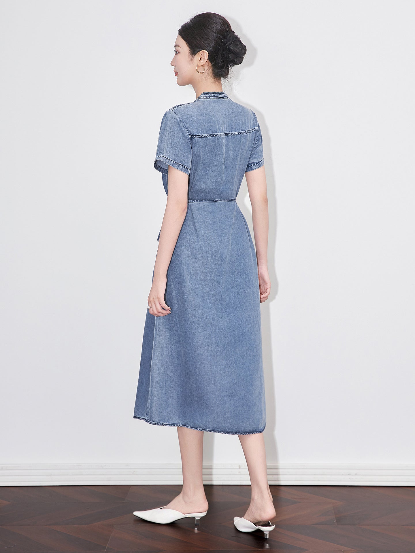 Denim Dress For Women Round Neck Short Sleeve Lace-up Gathered Waist Female Dresses