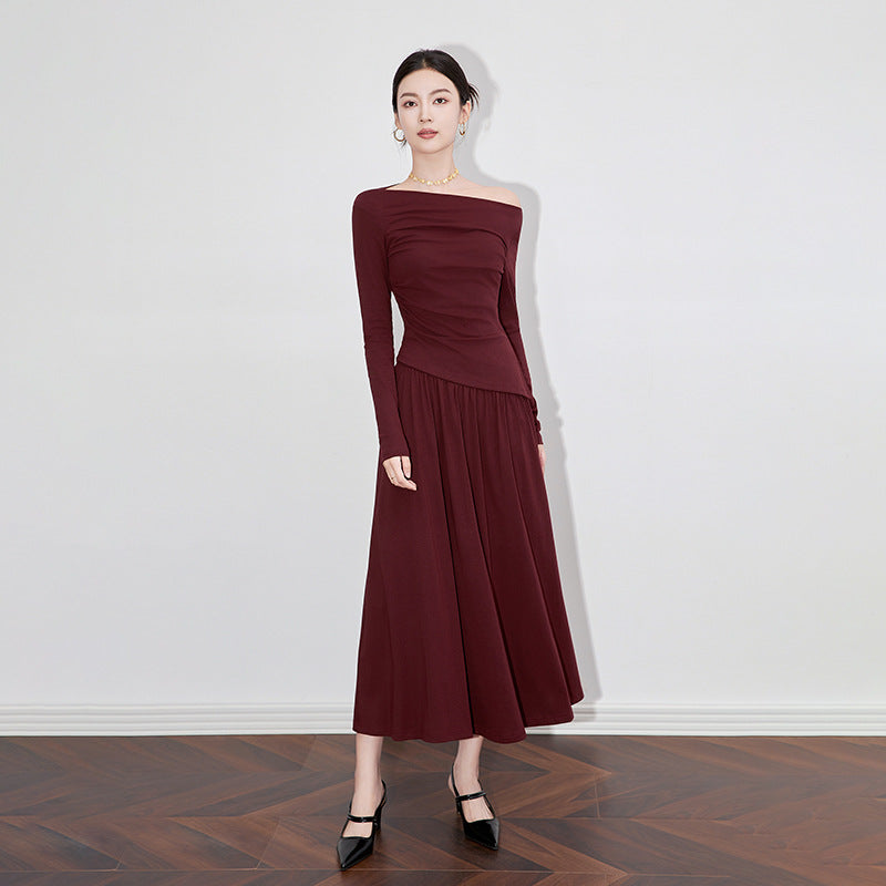 2Pcs Women's Long Sleeve Top+Half Skirt Two Piece Set Fashion Vintage Elegant French One Shoulder Clothes Dress Outfits