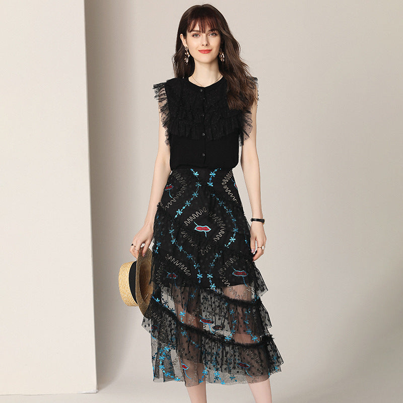 Women Runway Designer Luxury Embroidery Mesh Dress Suit Set High Quality Lace Party Robe Long Vintage Cocktail Vestidos