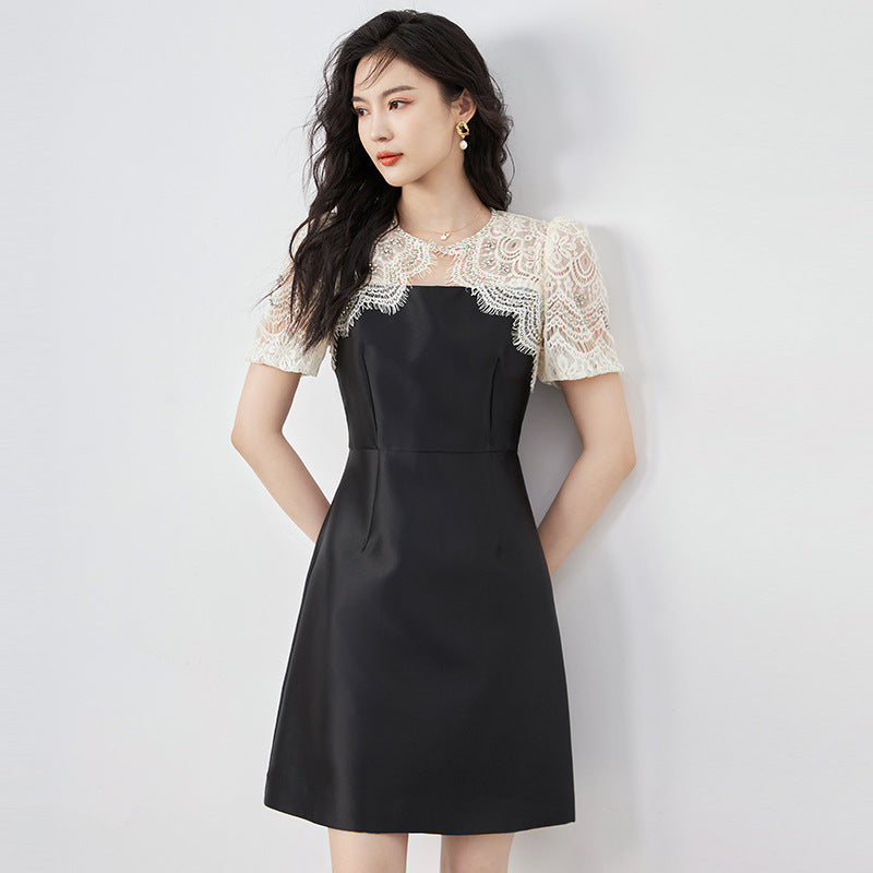 Fashion Desige Women's Party Dress Summer Lace Hollow Out Short Sleeve Solid Mini Dresses