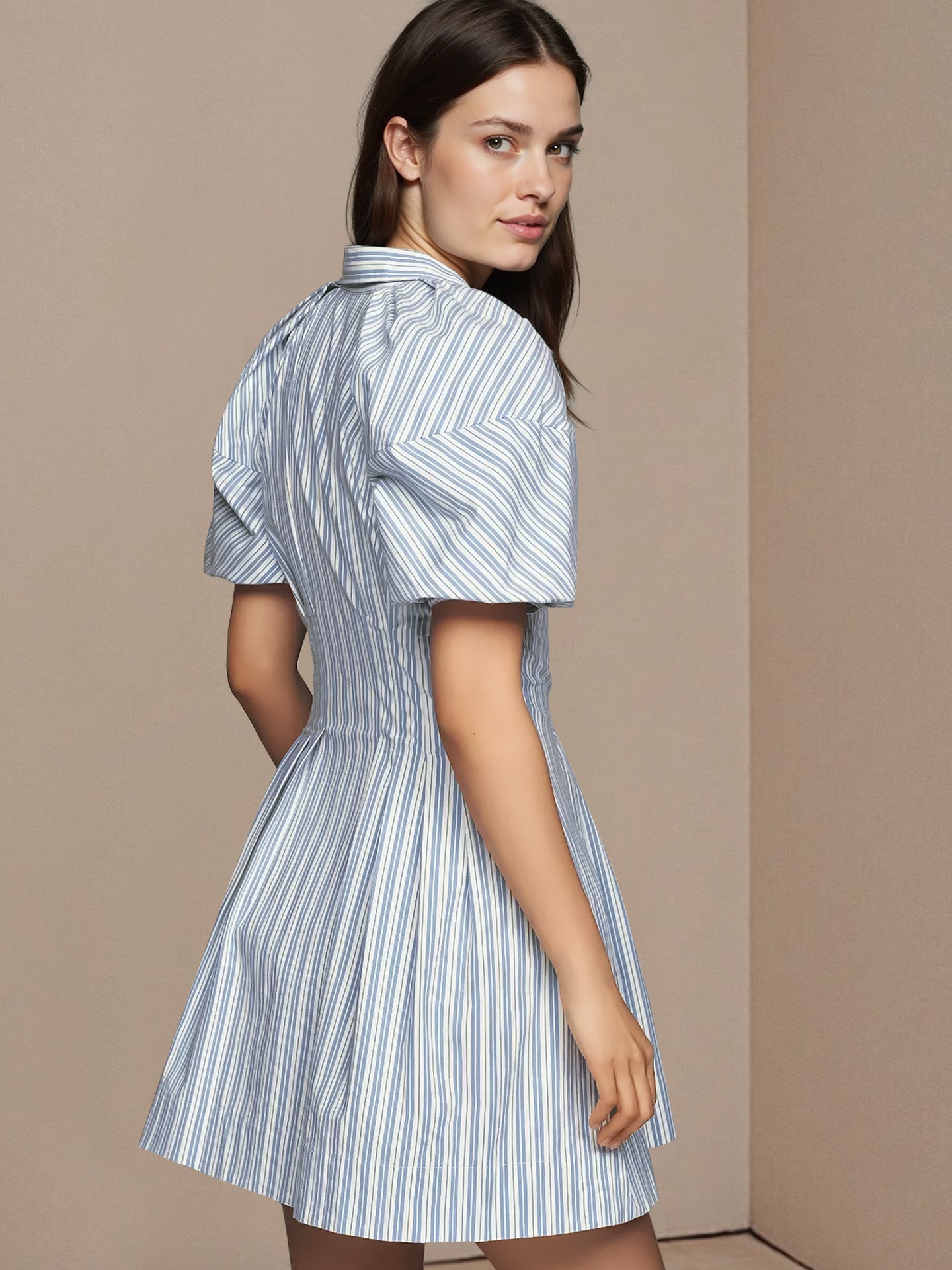 Summer Striped Print Shirts Dress Women Slim High Waist Fashion Ladies Mini Shirts Dresses Ruffle Pleated A-Line Woman Dress