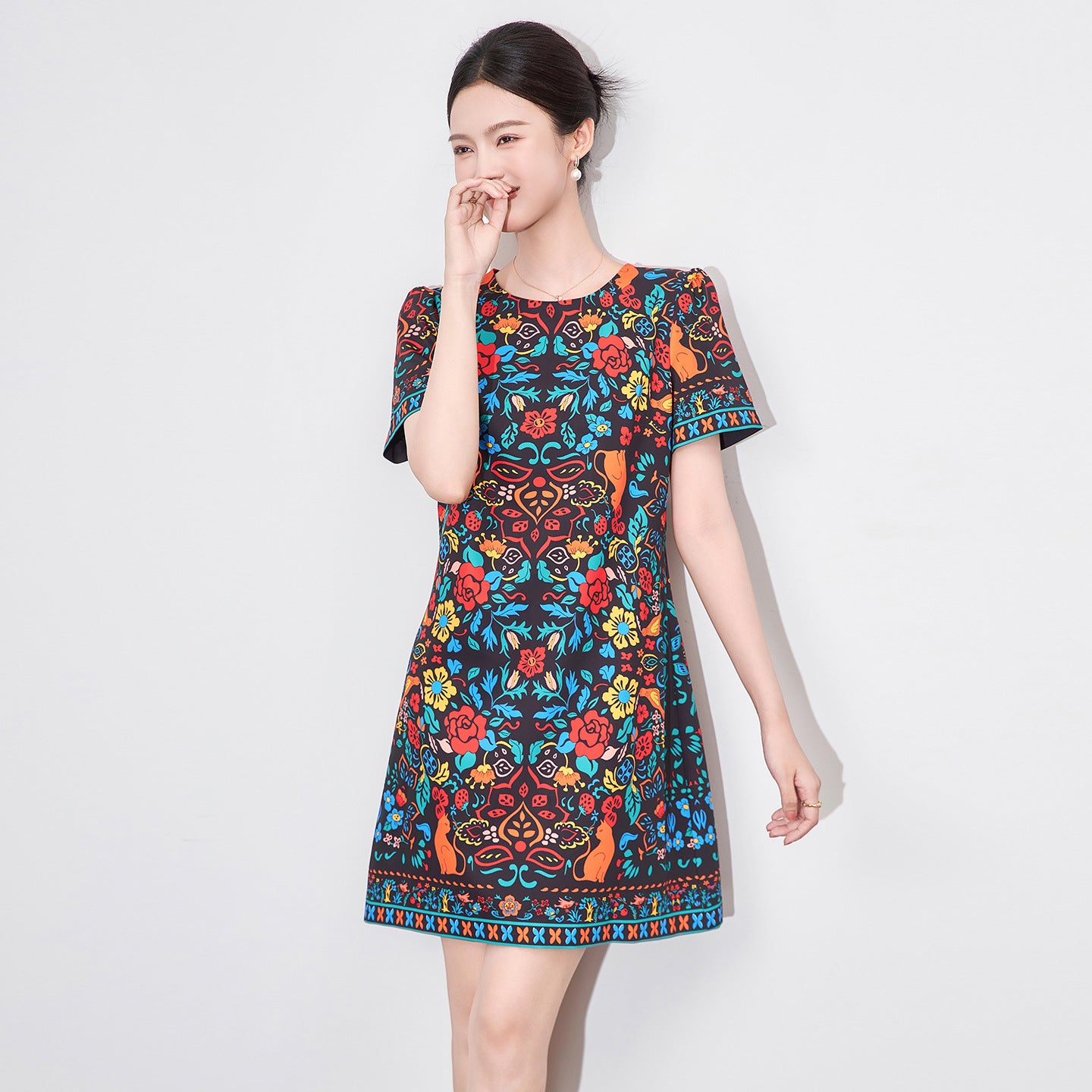 Women Casual Beach Summer Dress Boho Tassel Tie Neck 3/4 Long Sleeve Short Floral Print Flowy Cover Up Sundresses