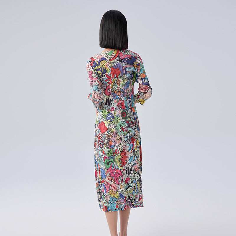 New Spring Print Pleated Skirt/Holiday Party Temperament Loose Bat S Sleeve Dress