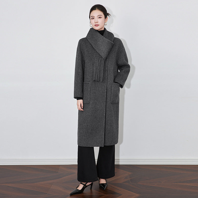 Streetwear Coat Women Double-sided Wool Overcoat Autumn Winter X-long Woolen Coats O-neck Scarf Thicken Loose Jackets