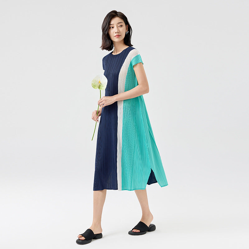 Summer New French Three-color Splicing Pleated Loose Temperament Irregular Split Dresses