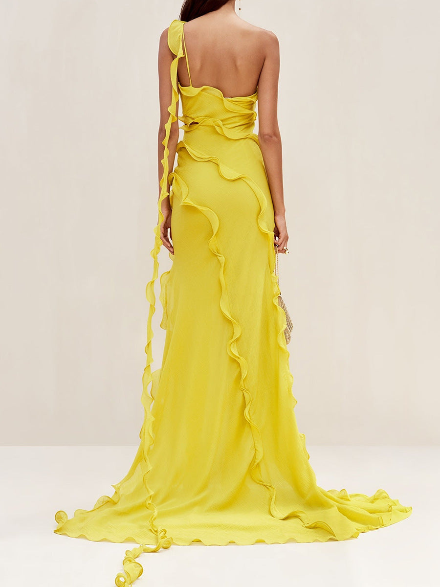 Solid Patchwork Tree Fungus Dresses For Women Diagonal Collar Sleeveless Backless High Waist Slimming Long Dress Female