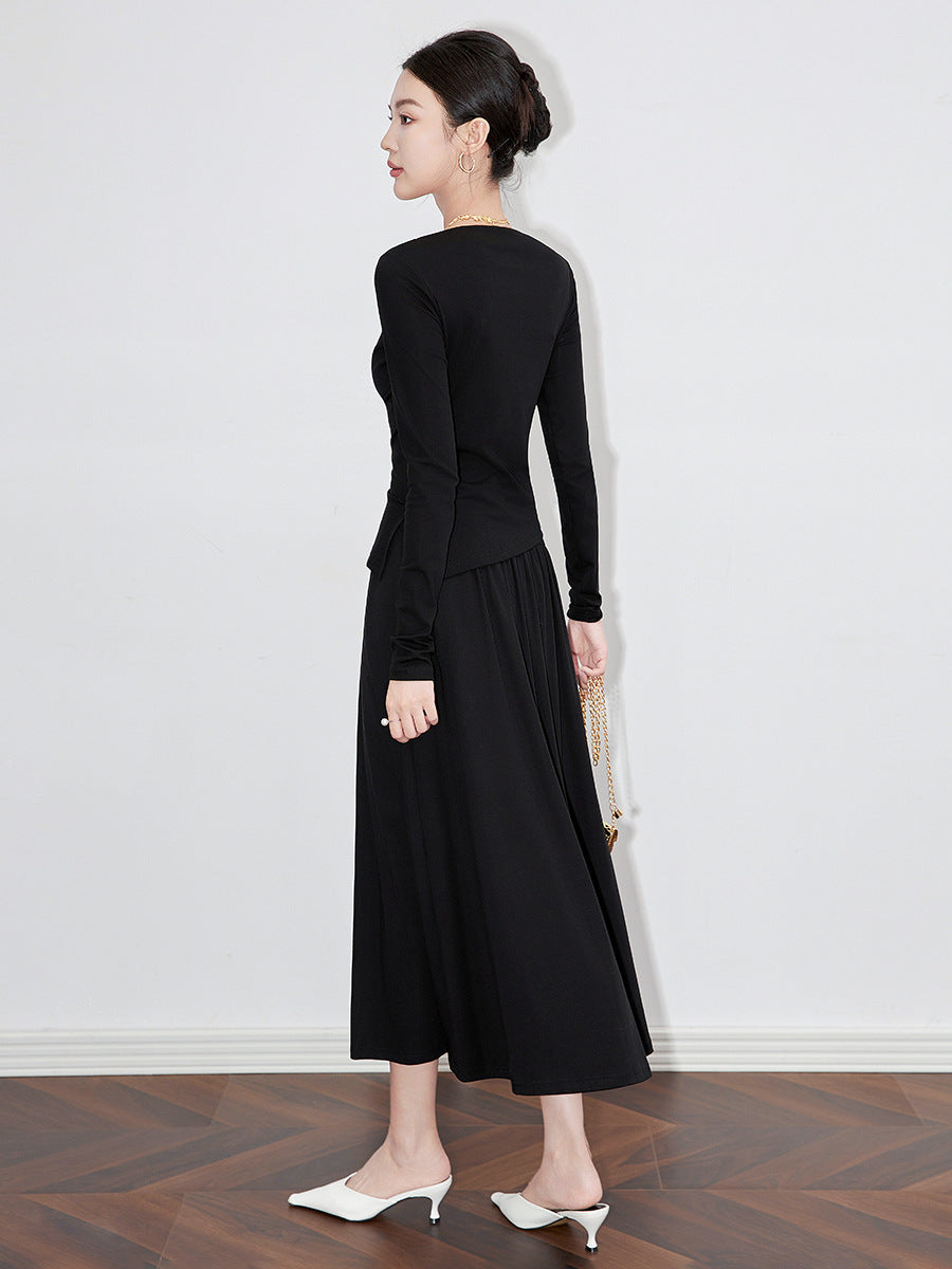 Solid Spliced Folds Casual Two Piece Sets for Women Diagonal Collar Long Sleeves T Shirt High Wasit Skirt Set Female